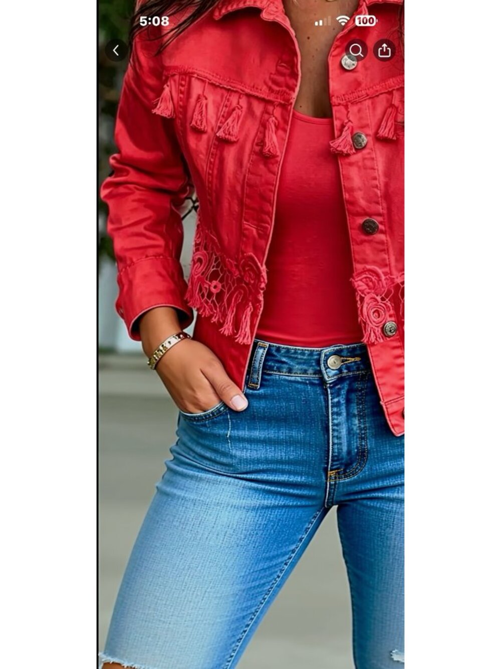 RED Tassel & Lace Hem Collar Denim Jacket - Size L/XL- BRAND NEW